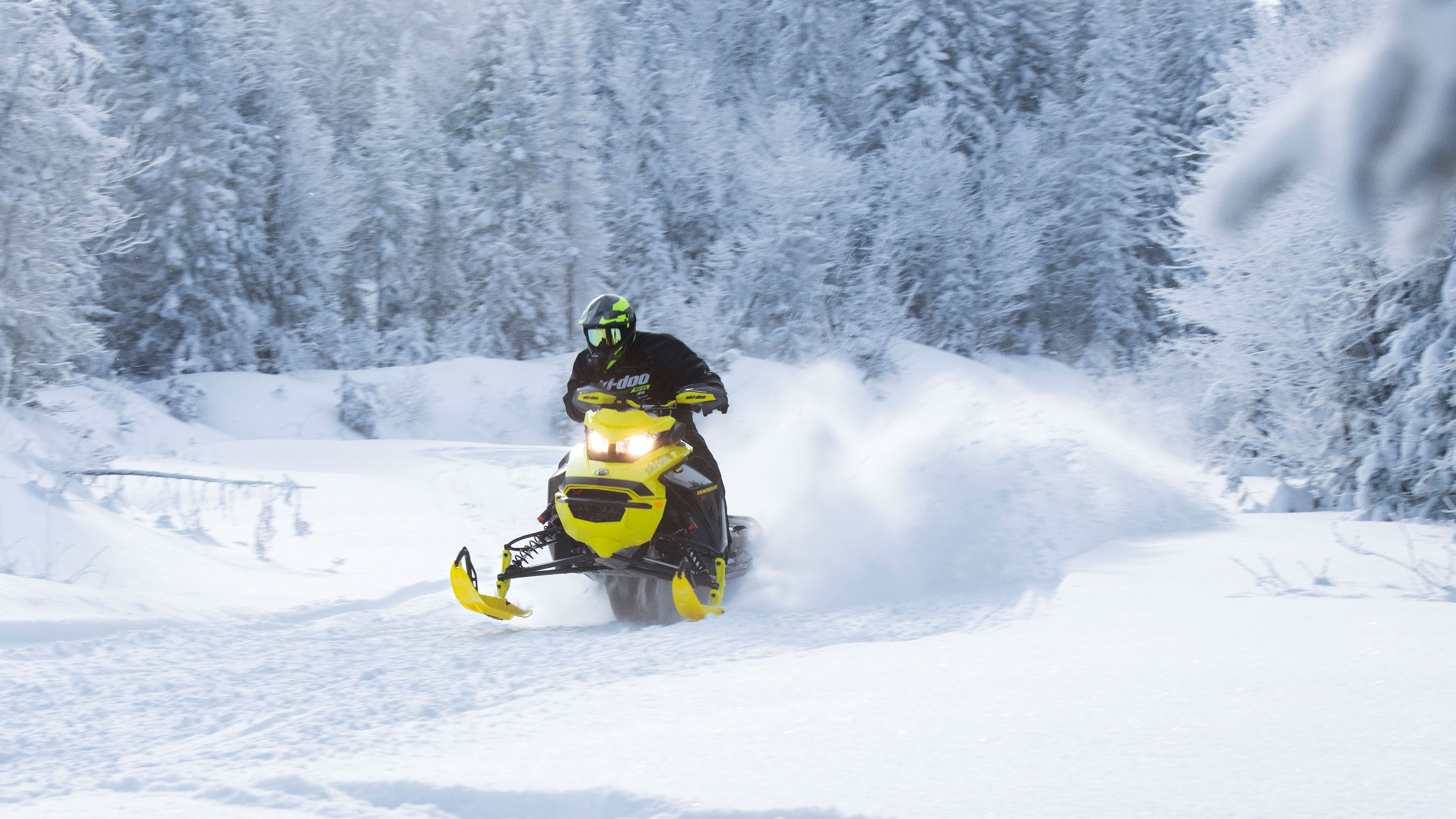 Burri duke hipur në Ski-Doo Renegade të ri në një shteg