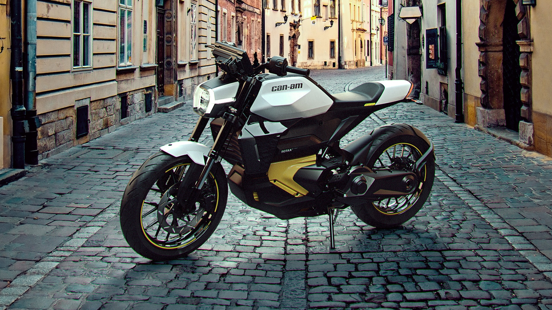 Can-Am elektrický motocykel zaparkovaný v prázdnej ulici