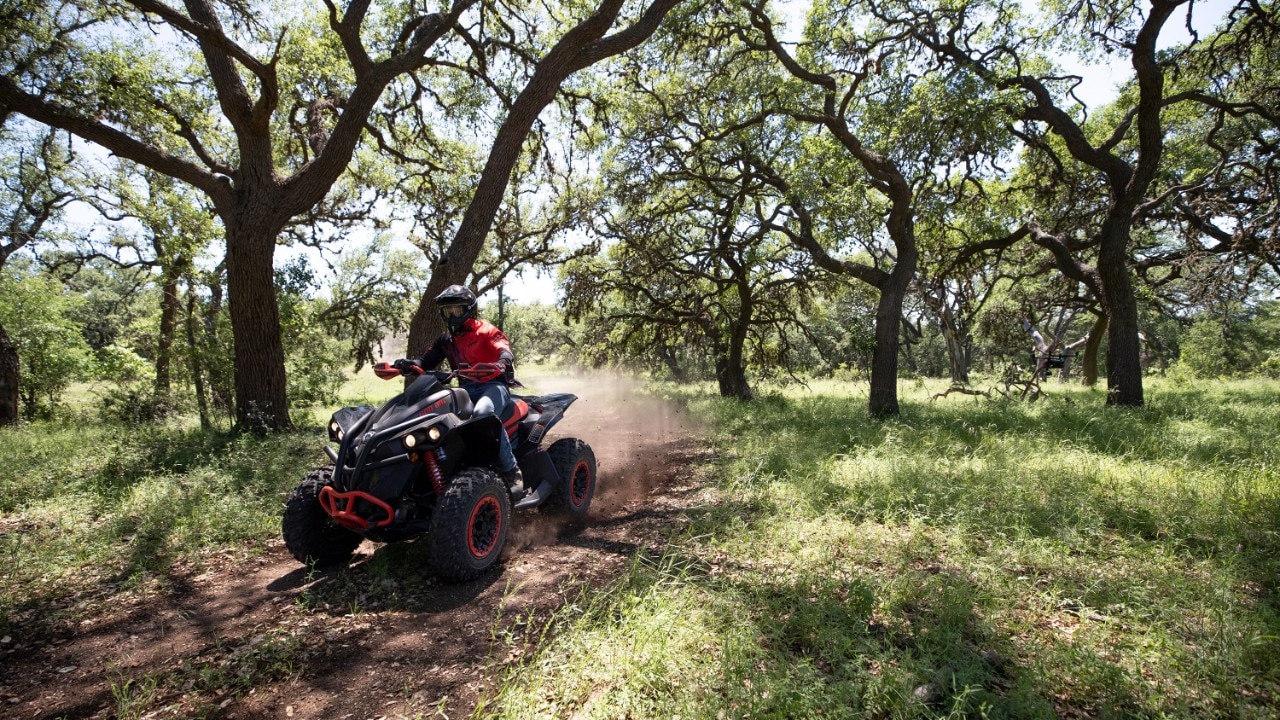 Mann, der einen Can-Am Renegade 2021 im Wald fährt