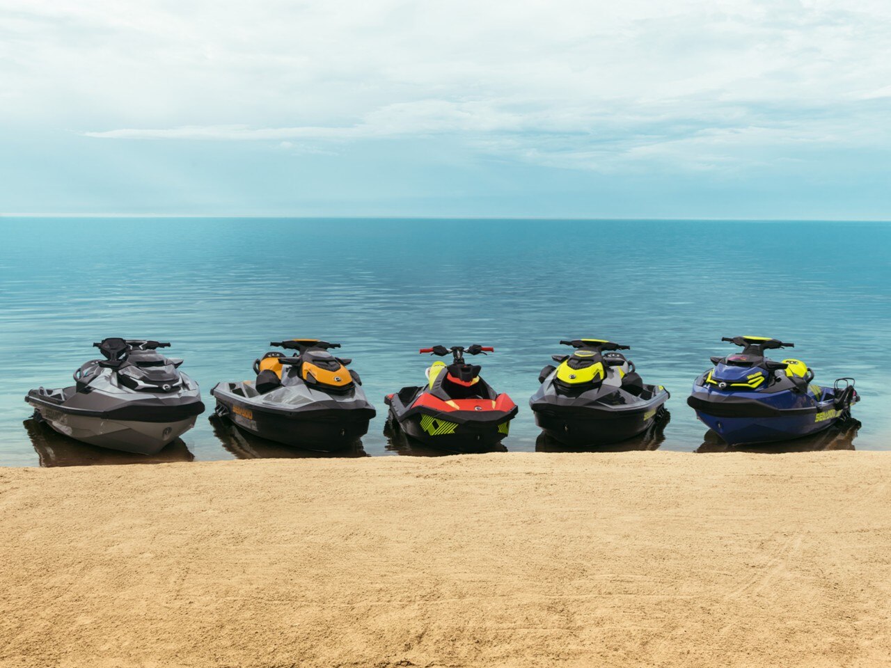 5 Spark Sea-Doo units on sea shore