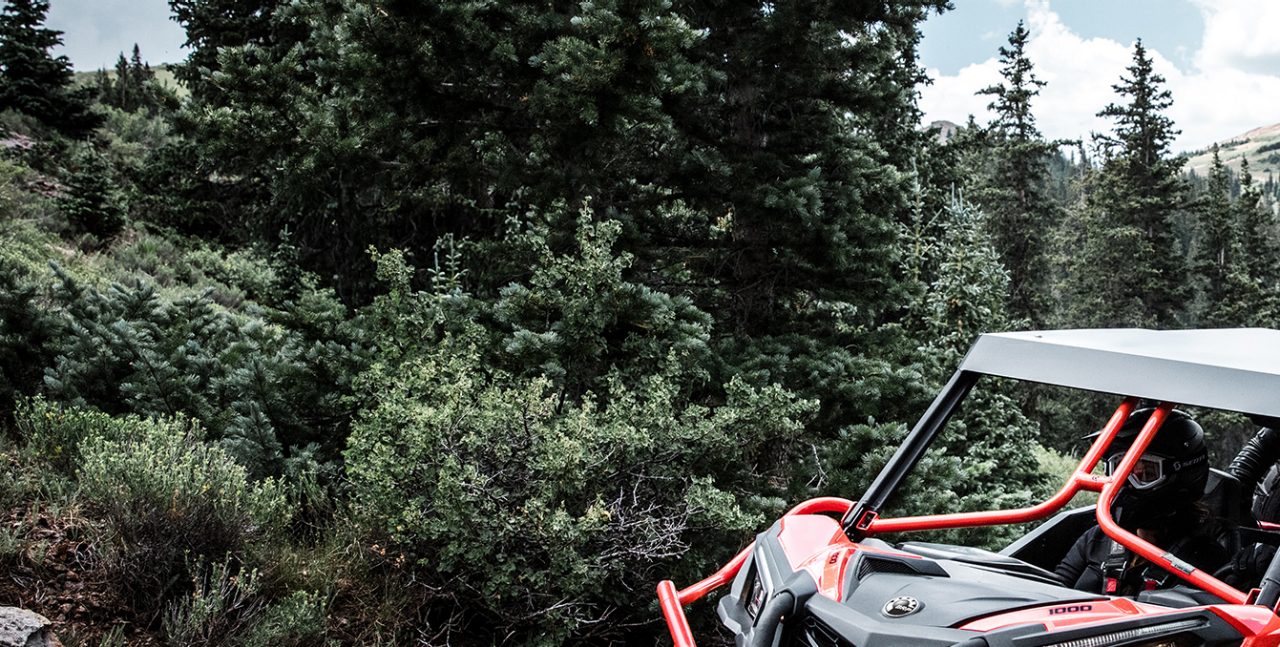 Man driving a Maverick Trail up a forest trail