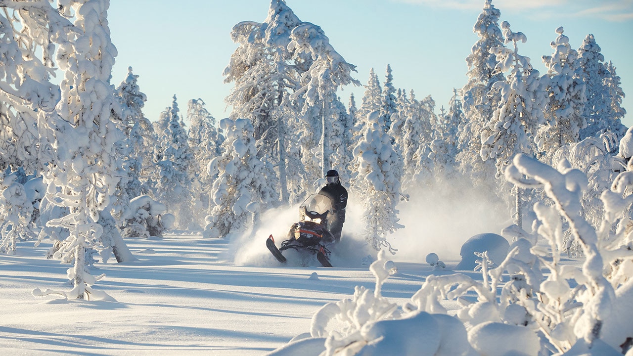 A man is driving his 2021 Lynx Commander Model into a snowy forest