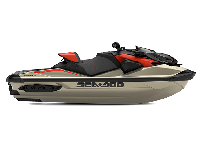 Sea-Doo GTR-X RS 300 personal watercraft in sand and orange color scheme, side profile view