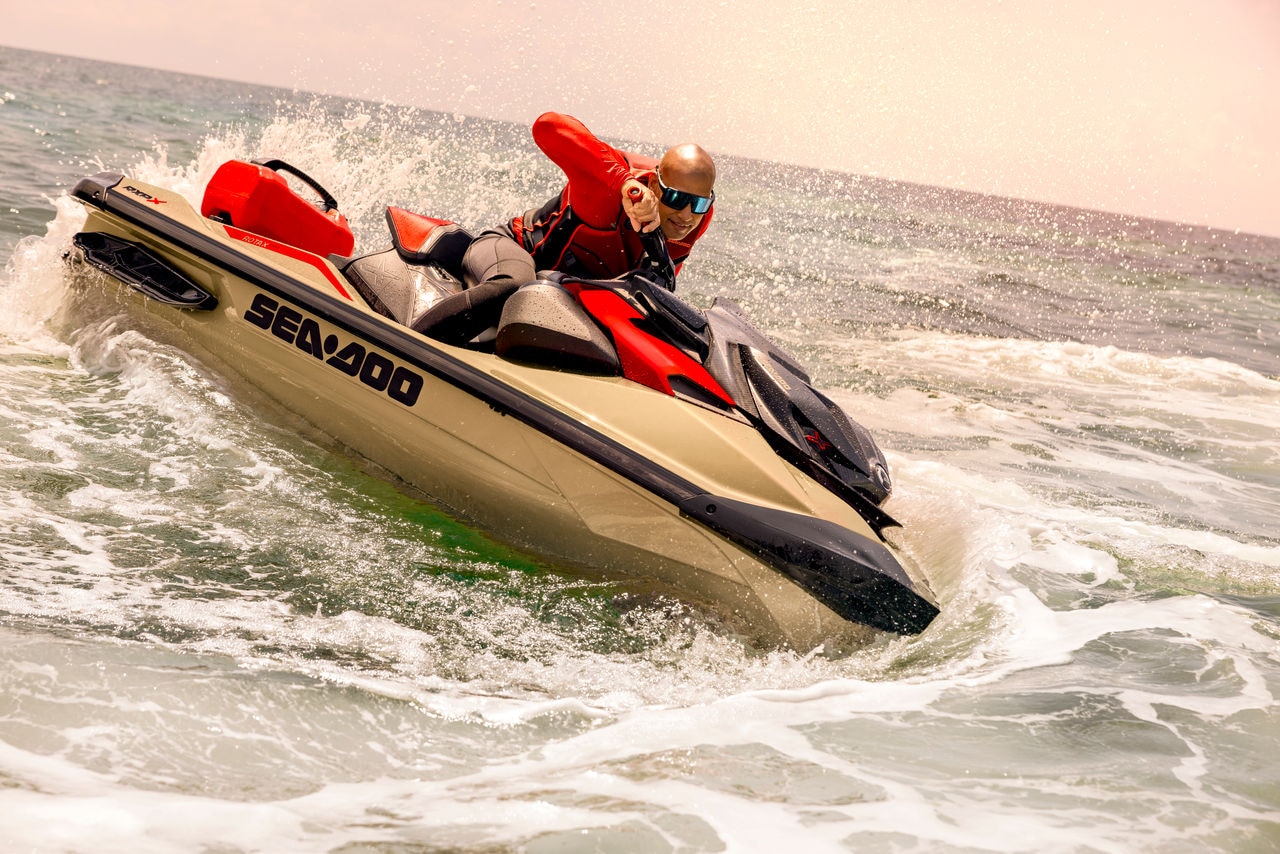 Rider doing a quick turn with the 2024 Sea-Doo RXP-X 325 personal watercraft