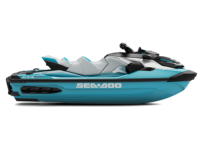 Sea-Doo GTX Limited personal watercraft in turquoise blue and white color scheme, side profile view