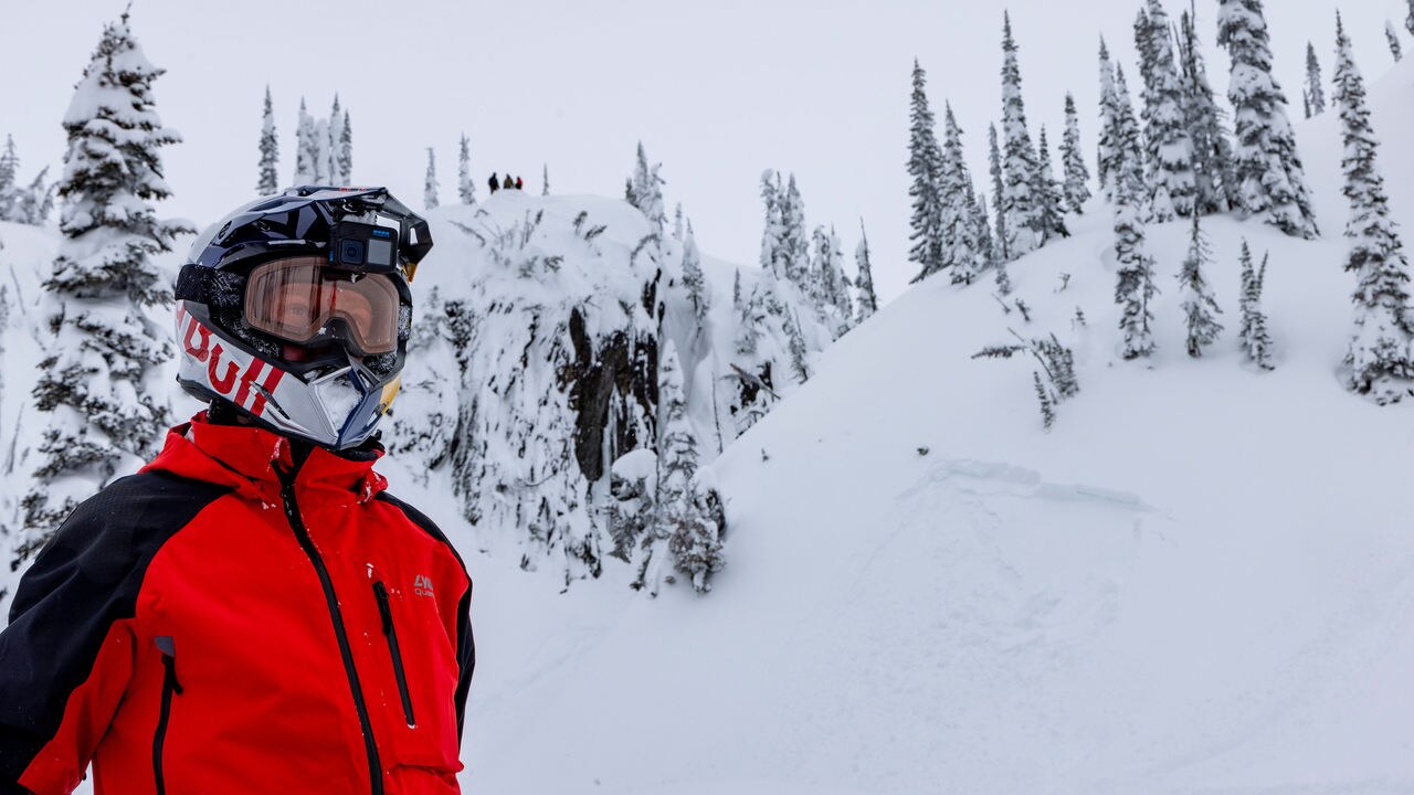 Andreas Bergrmak in fronf of the Gap he will jump with his snowmobile
