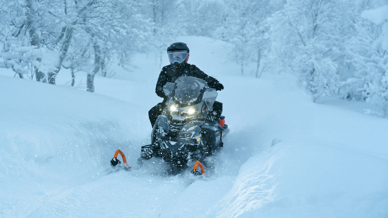 Снегоход Lynx 49 Ranger 2027 едет по заснеженному лесу