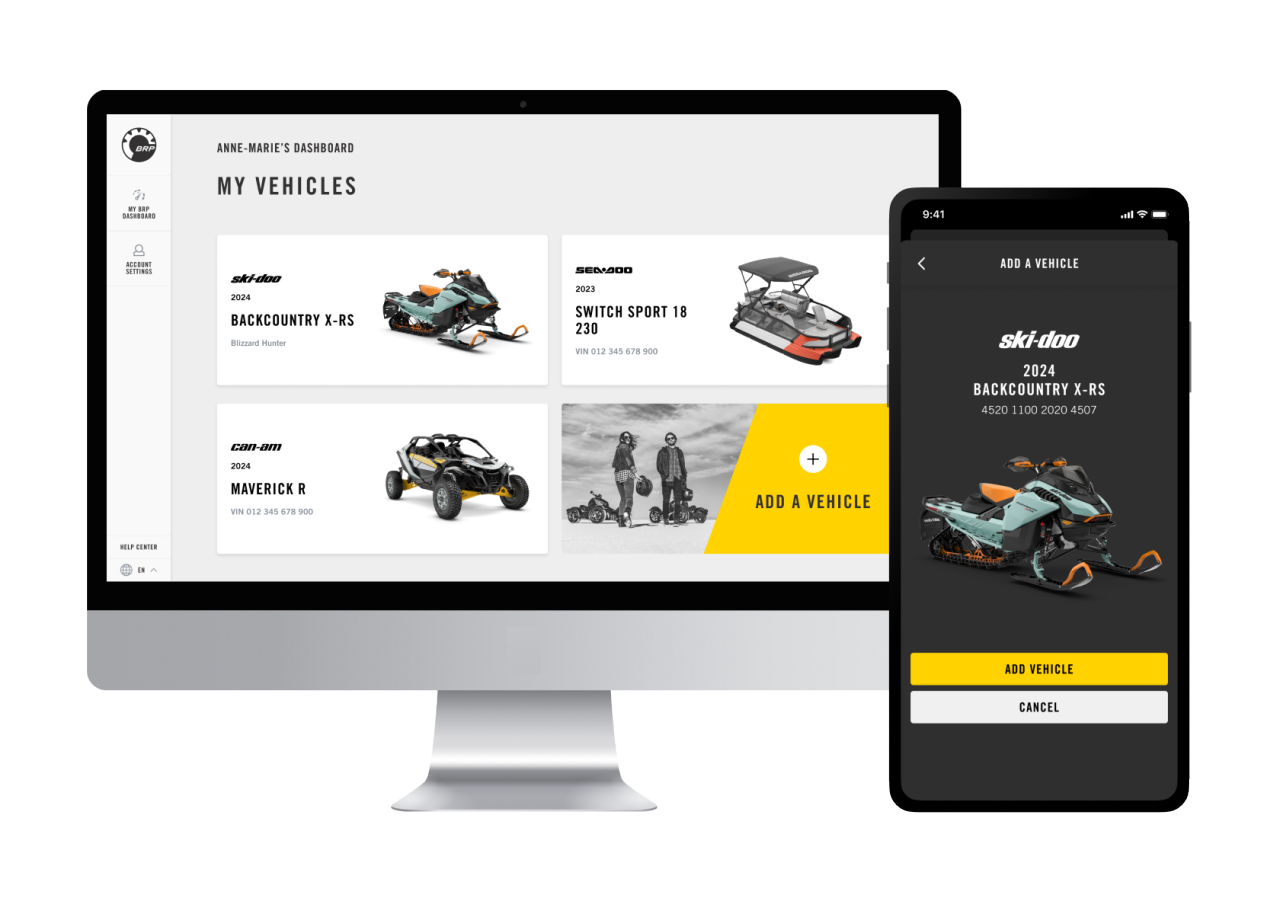 Desktop and mobile view of the MyBRP hub to manage your BRP vehicles