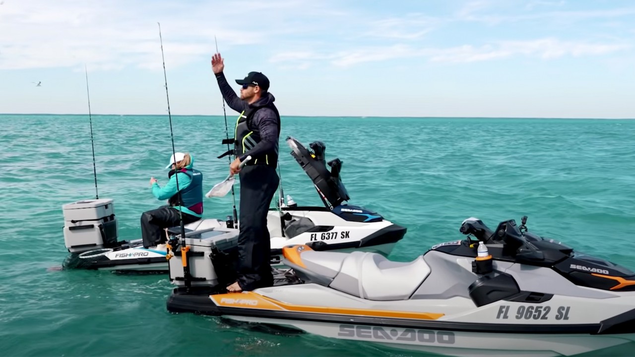 Sea-Doo Fish Pro personal watercrafts equipped with rod holders and LinQ storage boxes