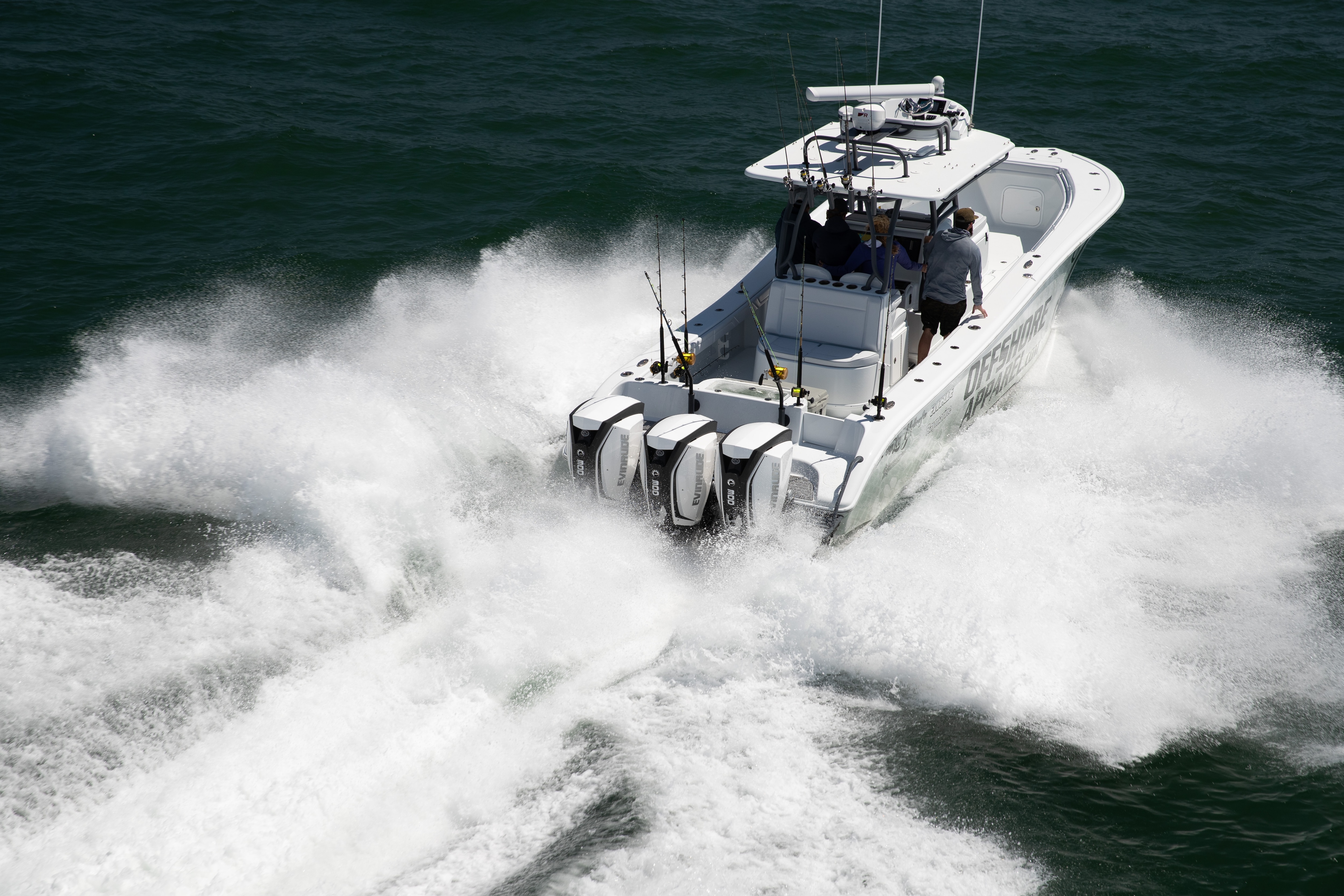 Bird view of a boat yielding Evinrude motors