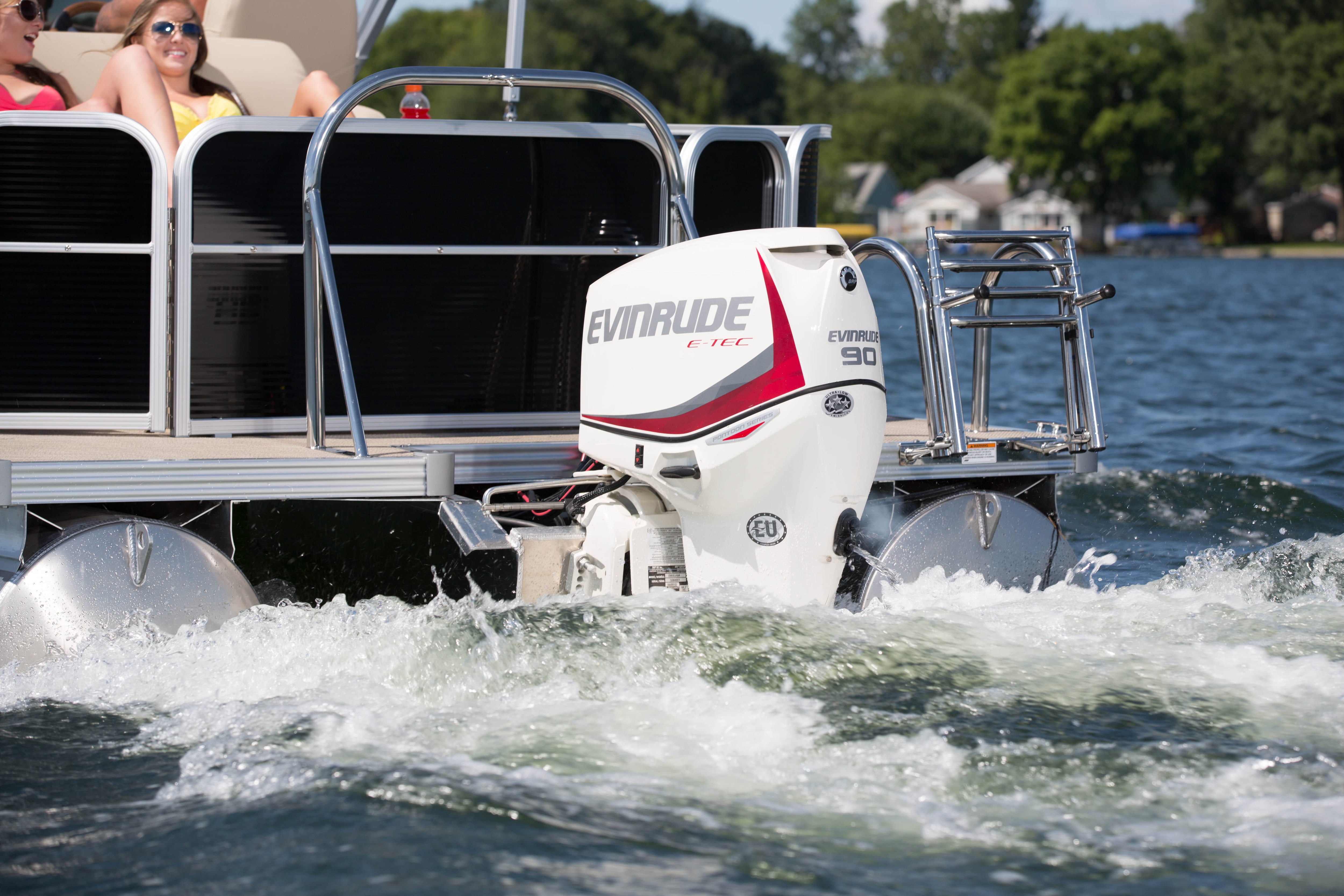 Close-up of Evinrude pontoon boat