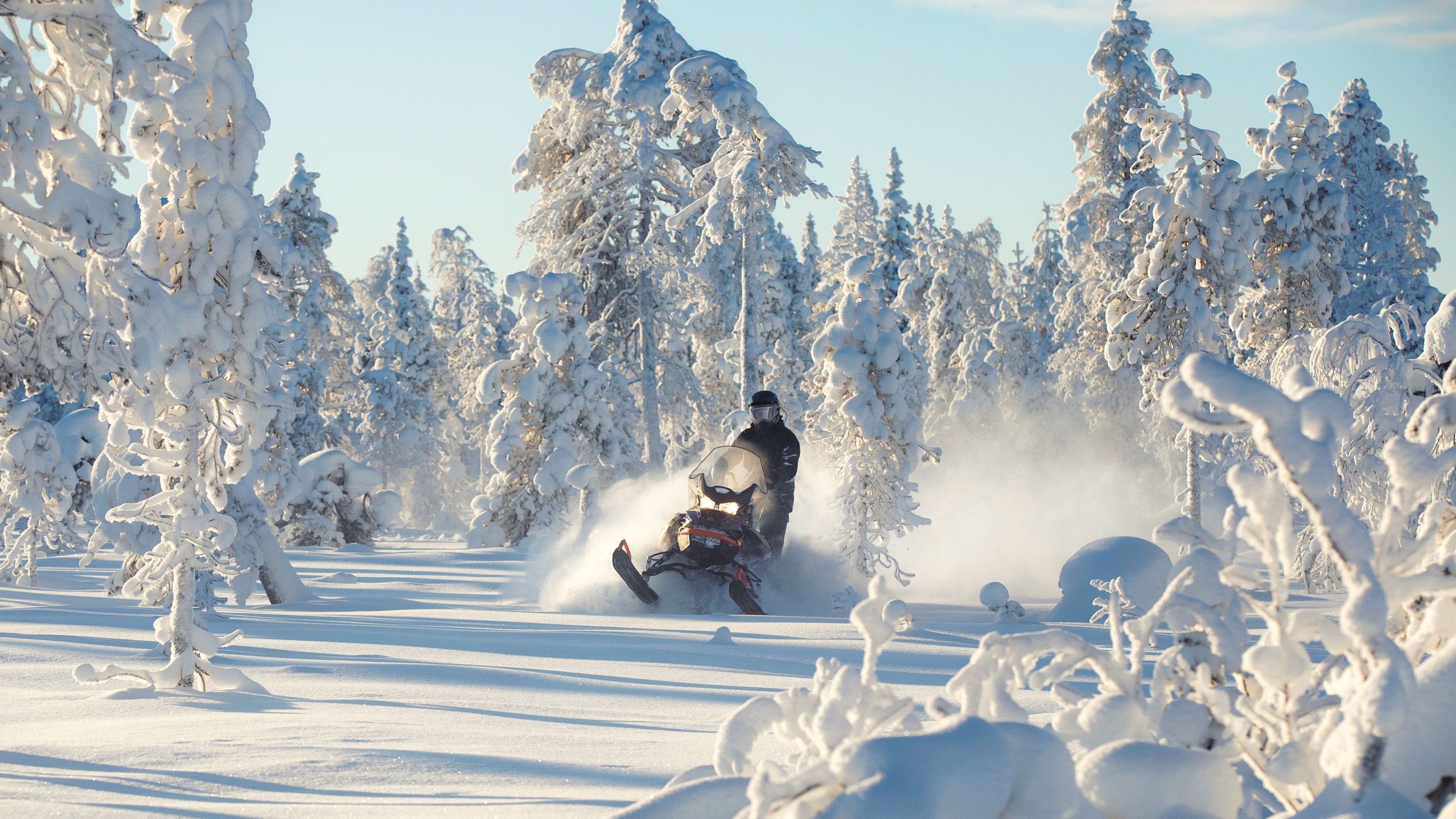 A man is driving his 2021 Lynx Commander Model into a snowy forest