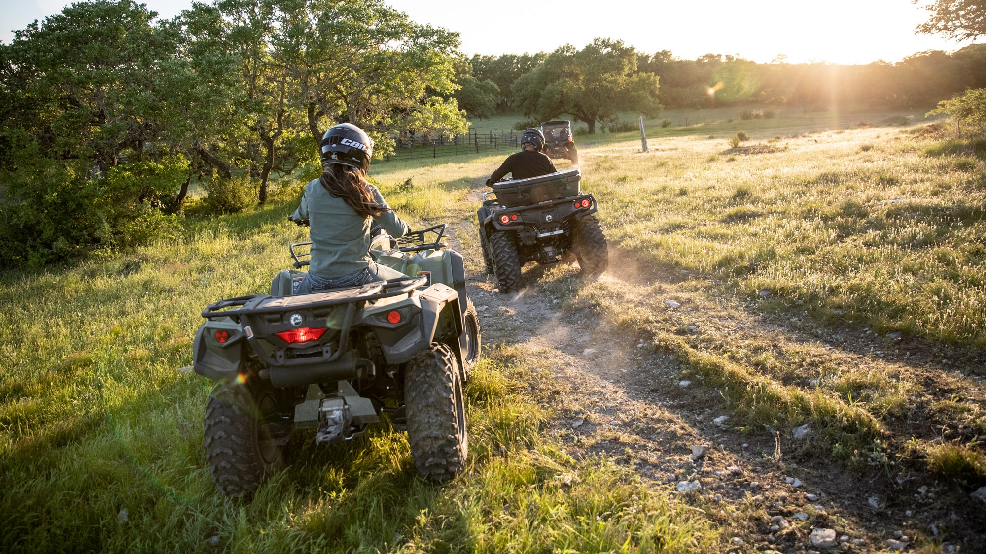 Friends driving their Outlander through an open field