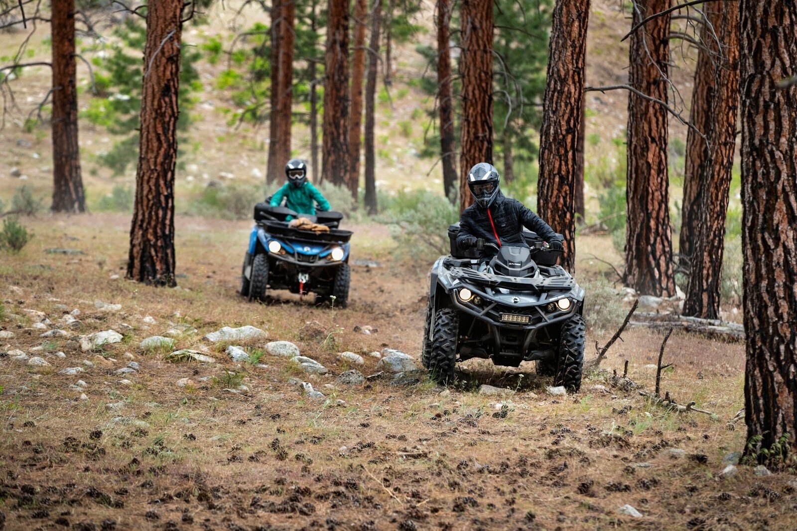 Homme conduisant un outlander dans un sentier forestier