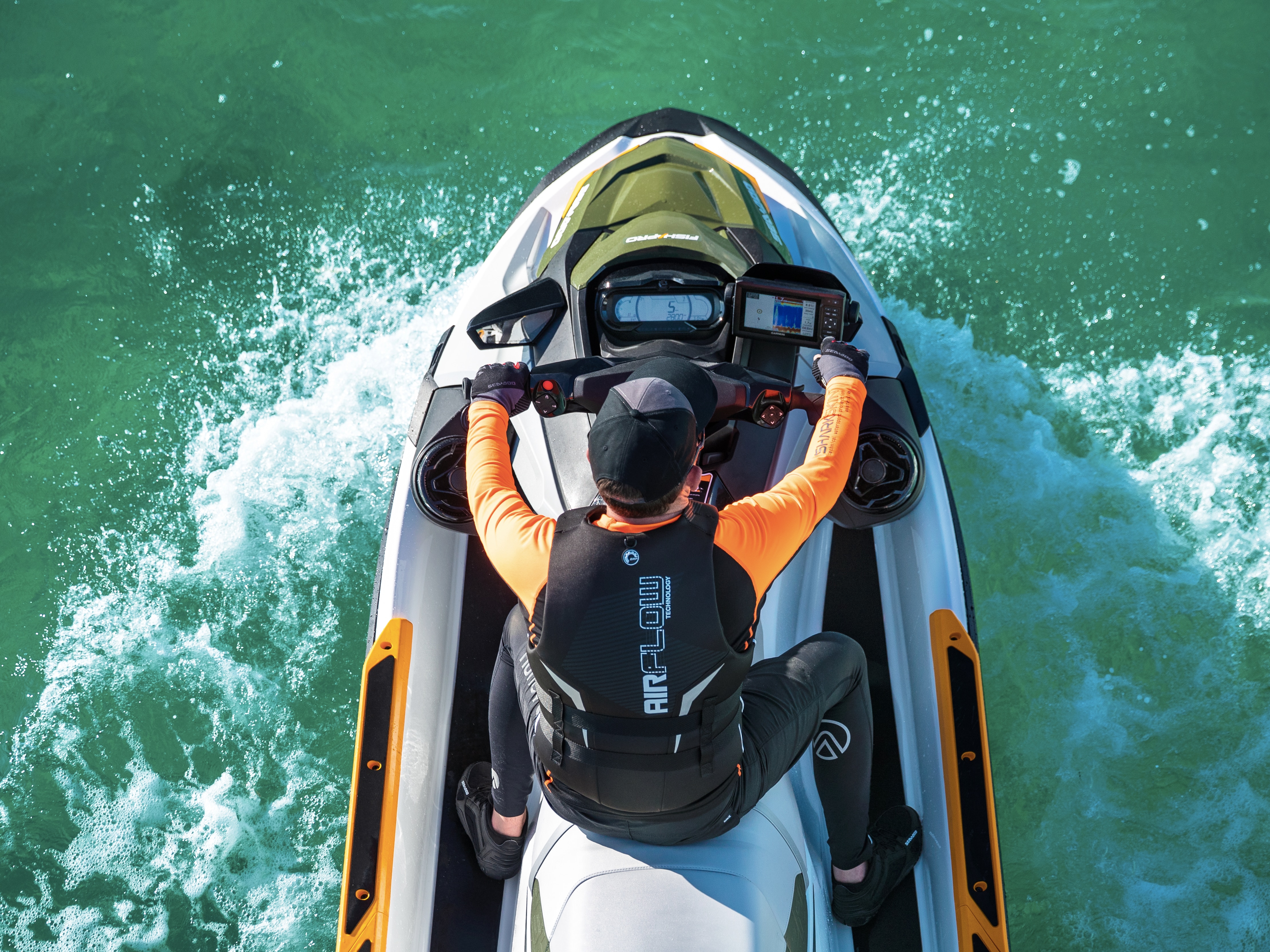 Rear view interacting with his Sea-Doo Fish Pro sonar