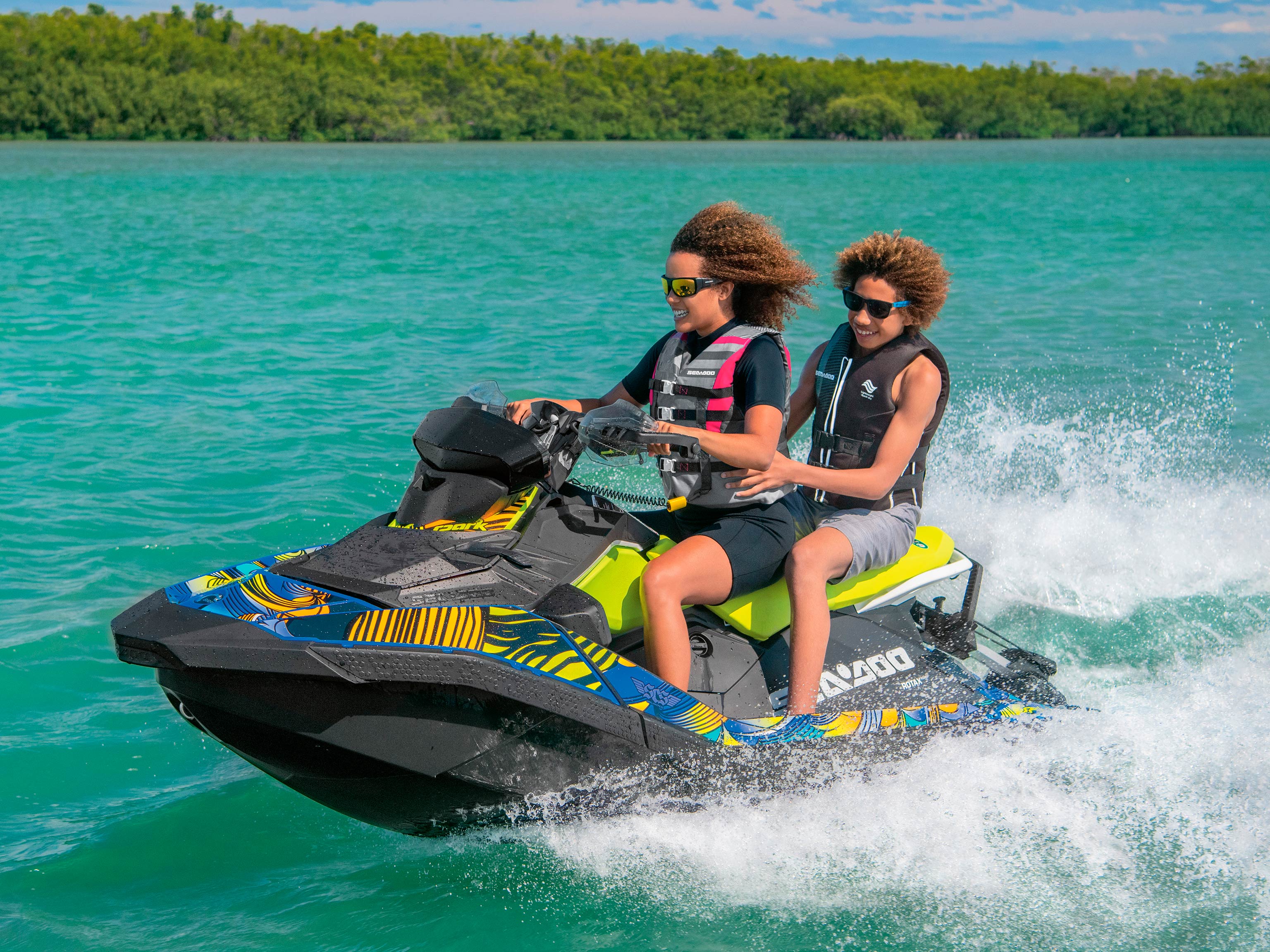 Mother and son riding