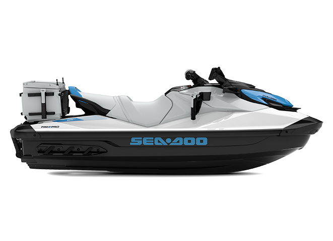 Sea-Doo Fish Pro Scout 130 without sound system MY22 - White / Gulfstream Blue - Side view