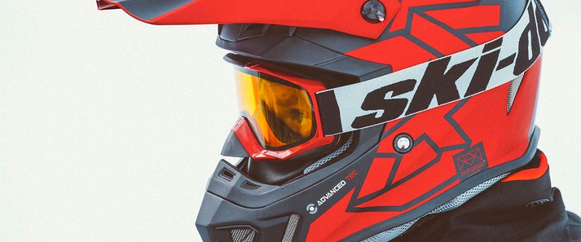 Close-up of helmet of a man driving a Ski-Doo Backcountry
