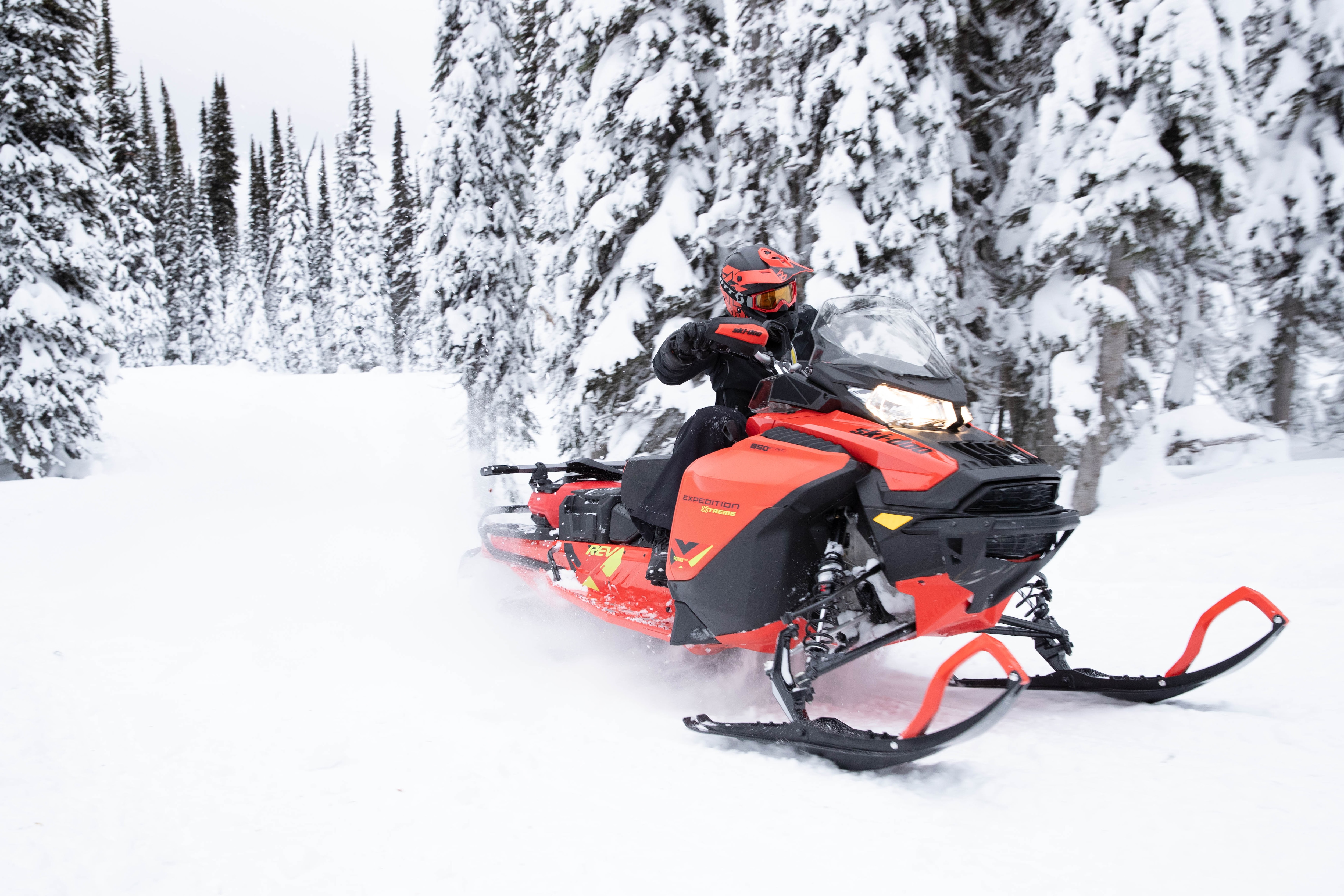 Muž jedoucí na sněžném skútru Ski-Doo Expedition lesní cestou