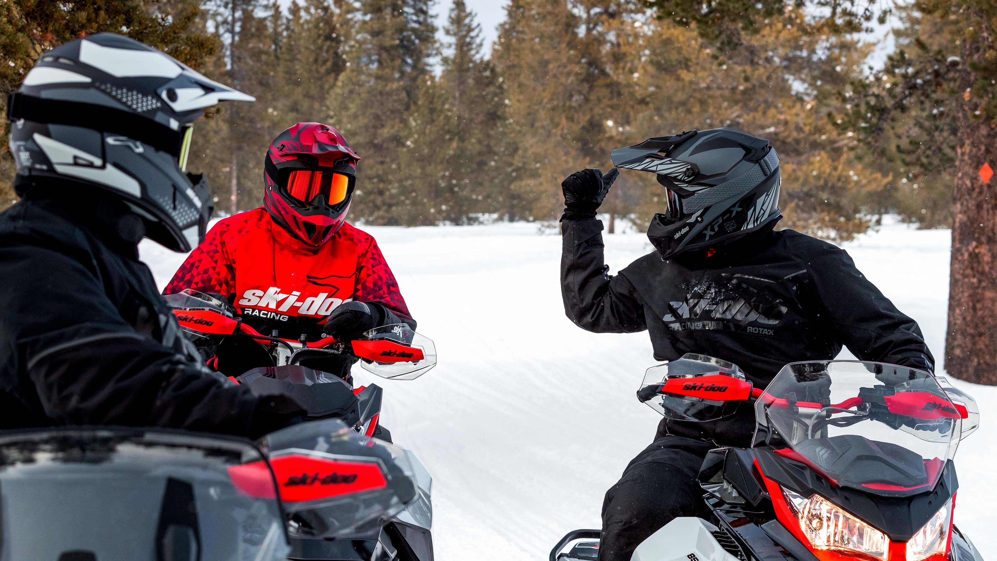 3 Ski-Doo riders on a forest trail  