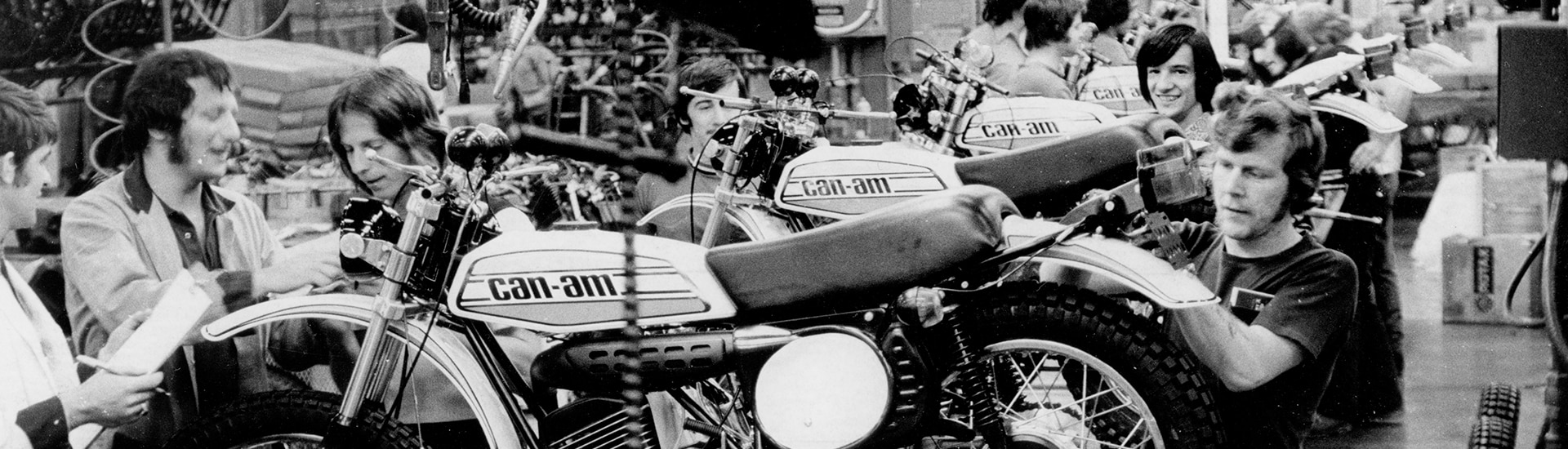 Classic Can-Am motorcycles being inspected post-production