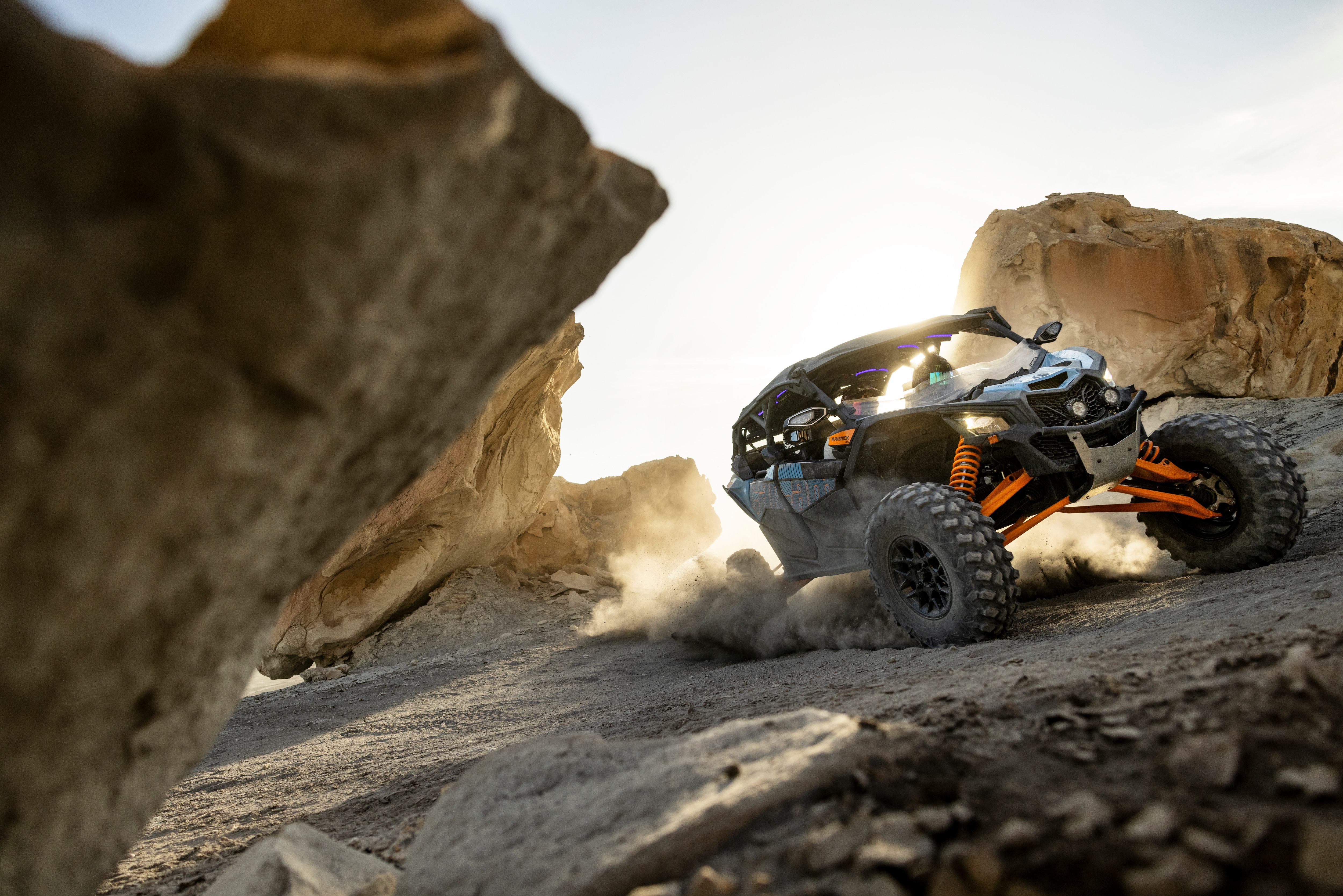A Can-Am Maverick MAX RS Turbo 2025, in action in the desert