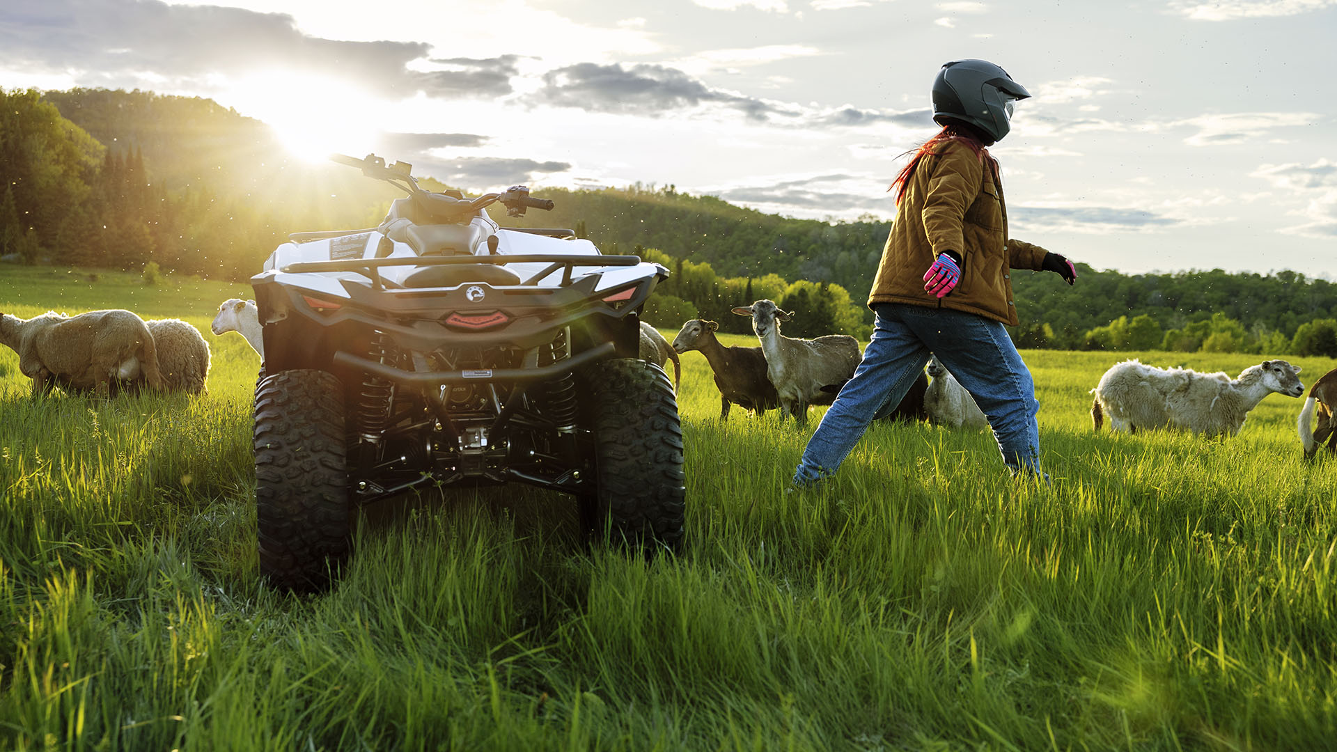 A driver near her Can-Am Outlander Electric ATV in the grass next to several sheep
