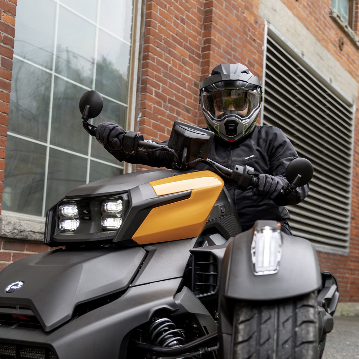 Motorcyclist sitting on the new 2027 Can-Am Ryker