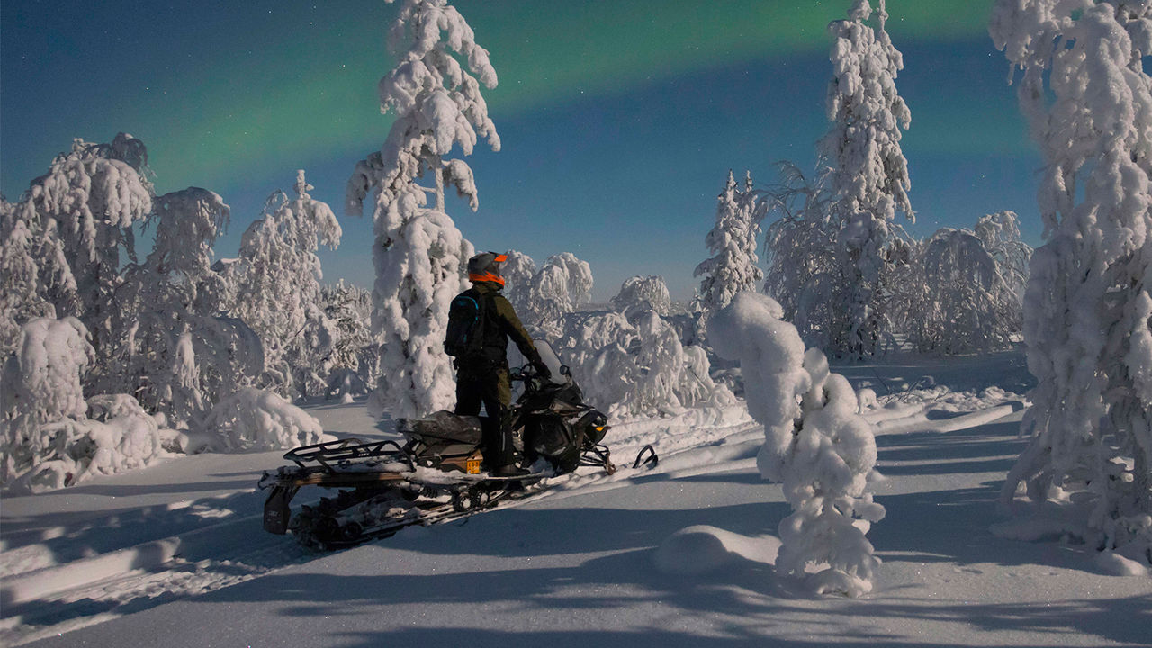 Rider looking northern lights in dark forest on 49 Ranger ST snowmobile 
