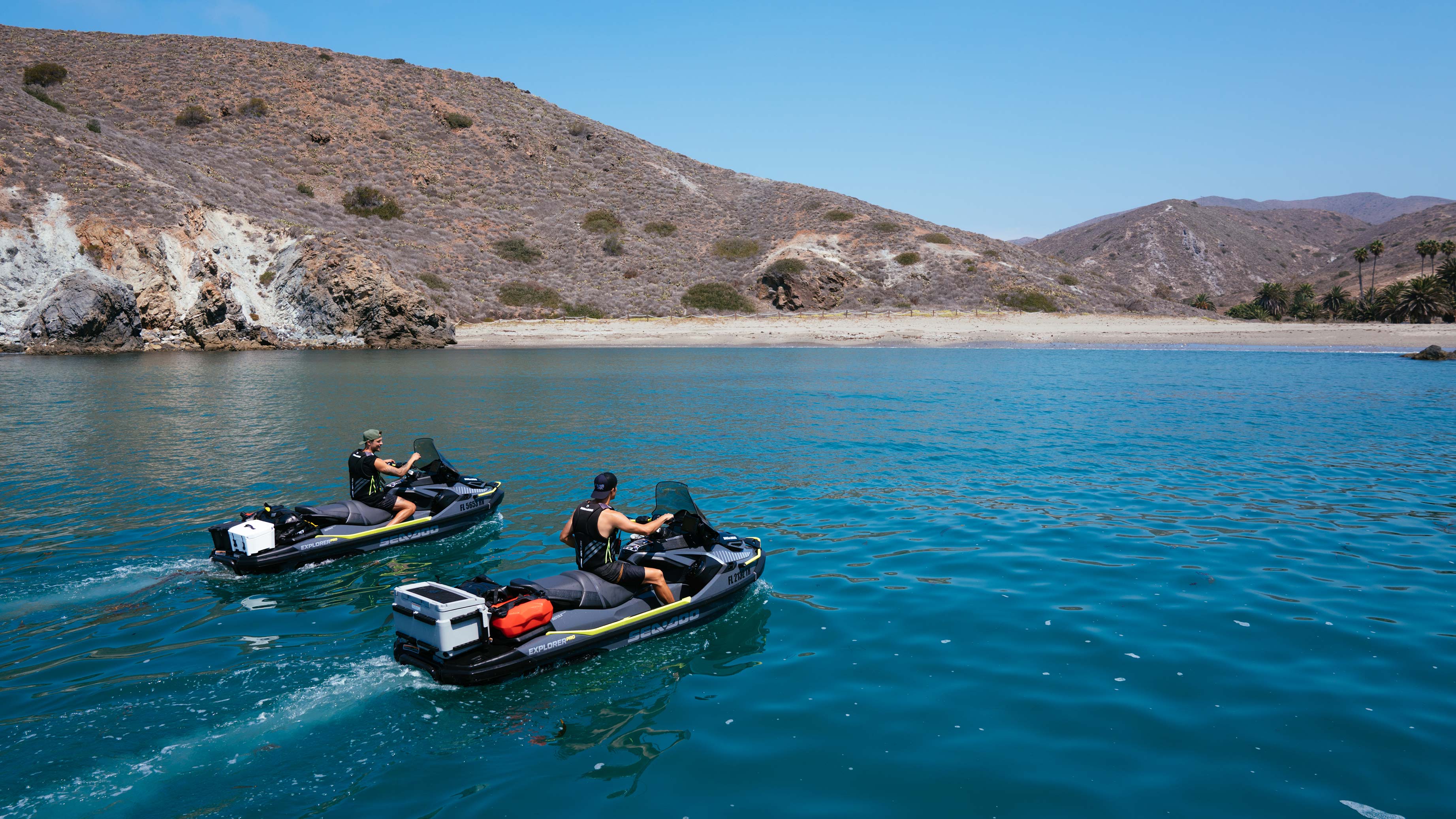 Two friends on Sea-Doo Explorer Pro near Catalina Island