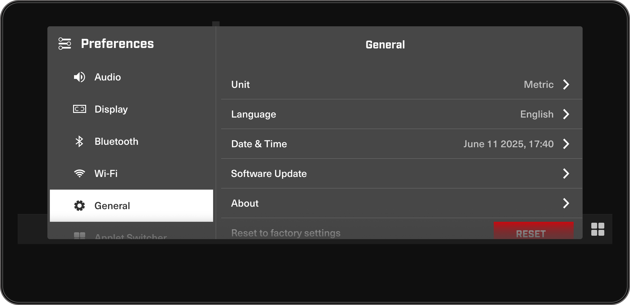 Preferences applet in Sea-Doo's PWC 10.25" display