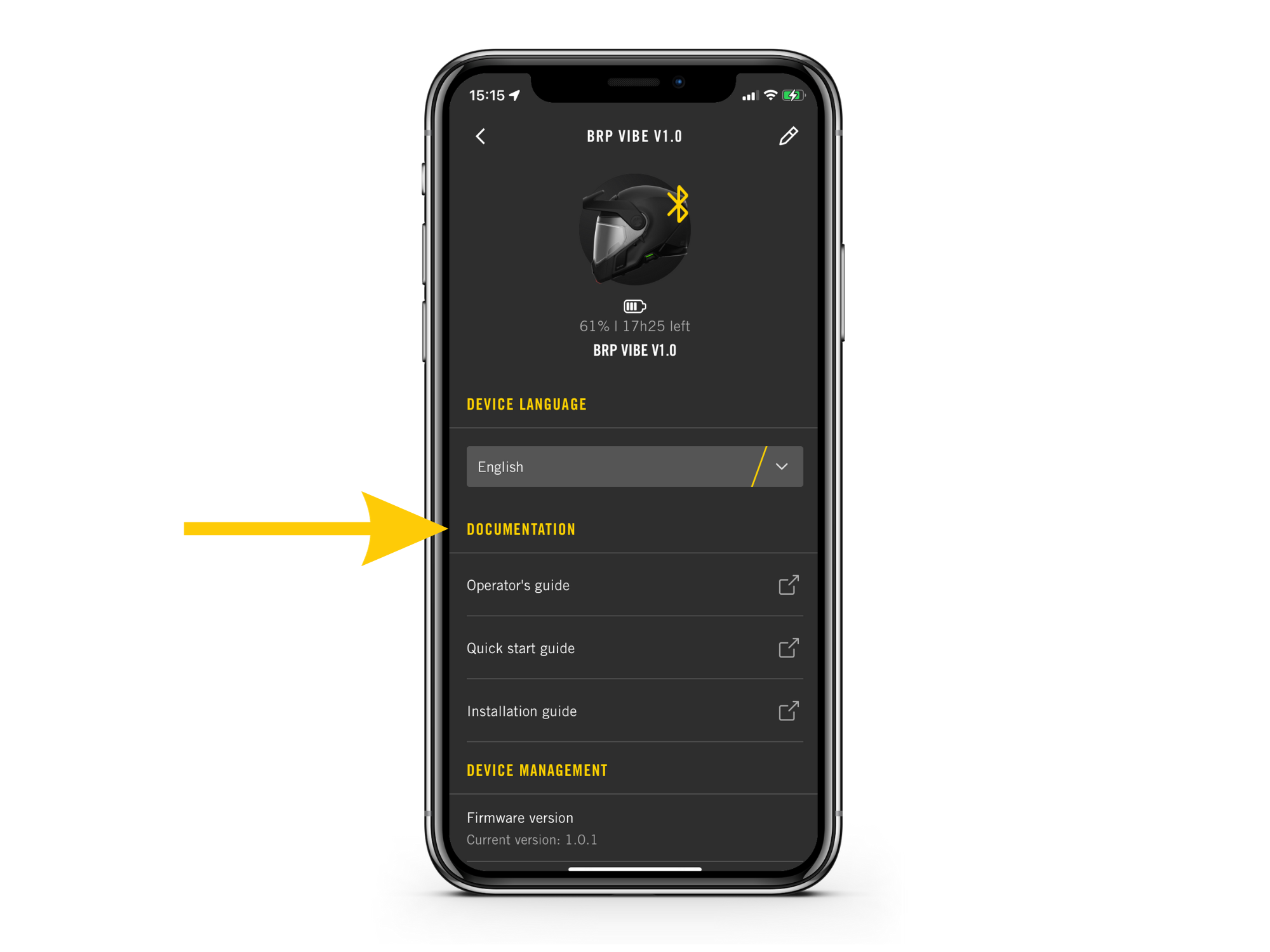 BRP GO! appka ukazuje obrazovku zariadenia Vibe pre plnú podporu dokumentácie 