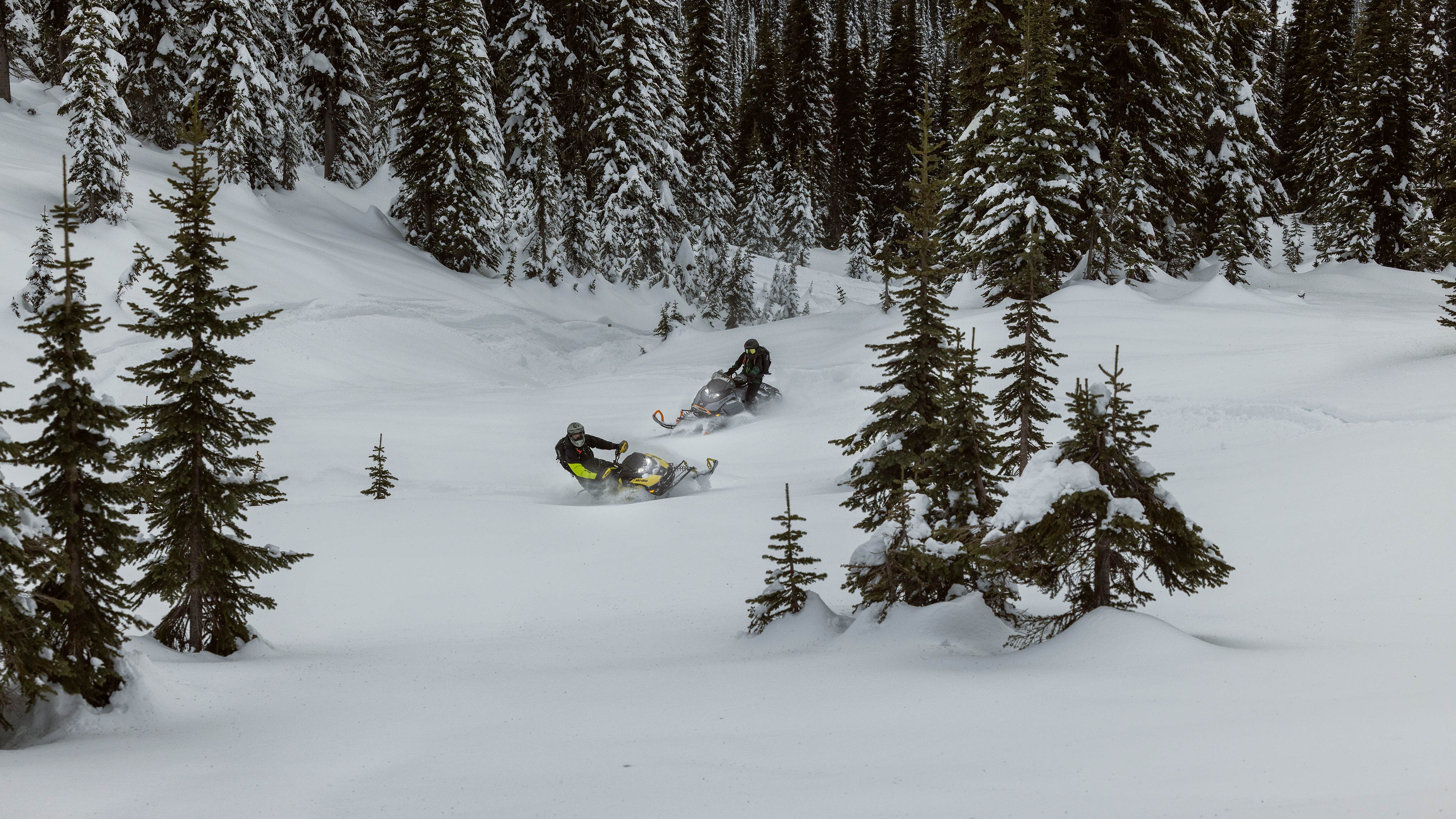 Two Ski-Doo Crossover snowmobiles zig-zagging in a snowy forest