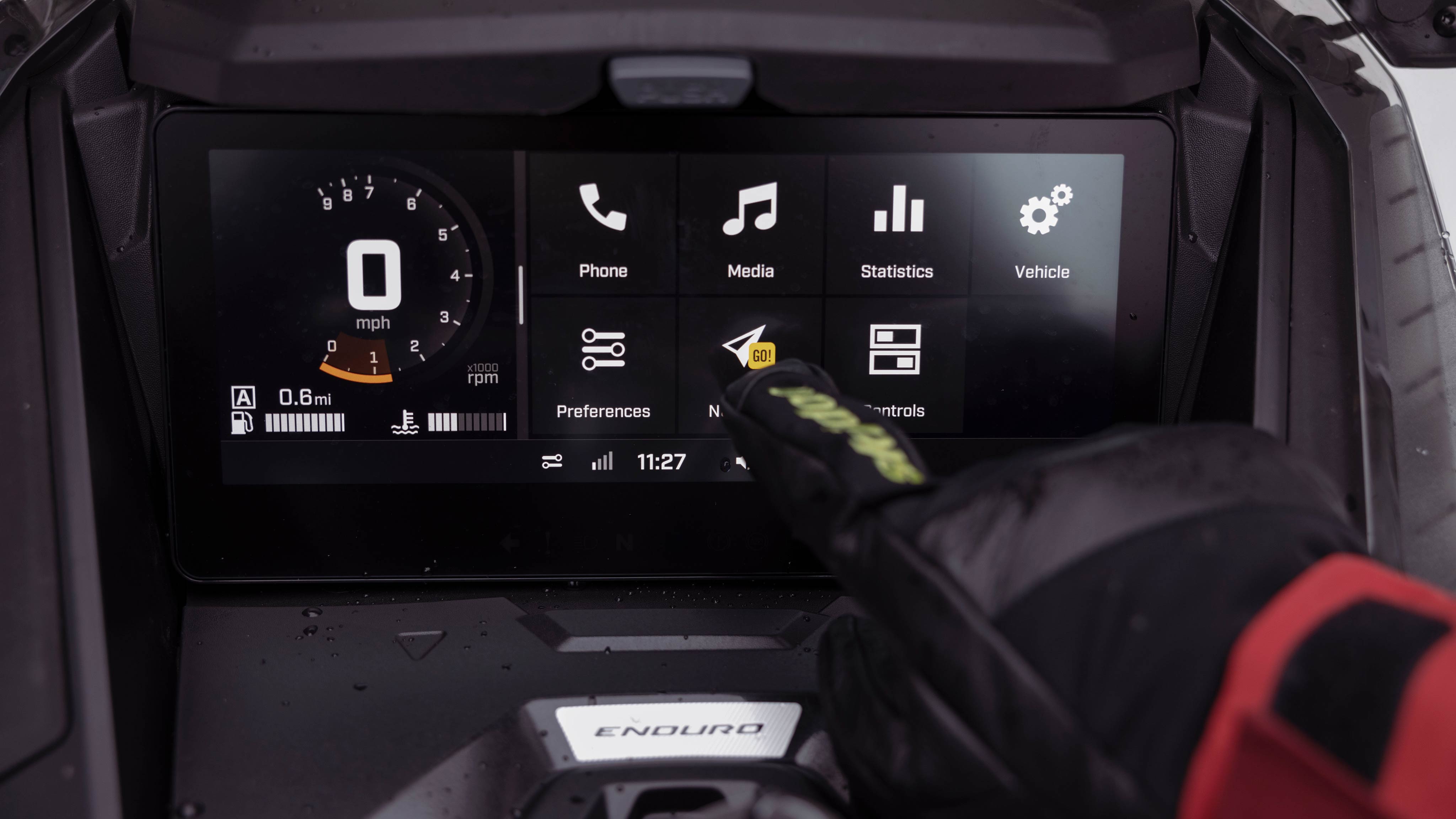 10.25 inch touchscreen on a 2025 Ski-Doo Renegade trail snowmobile