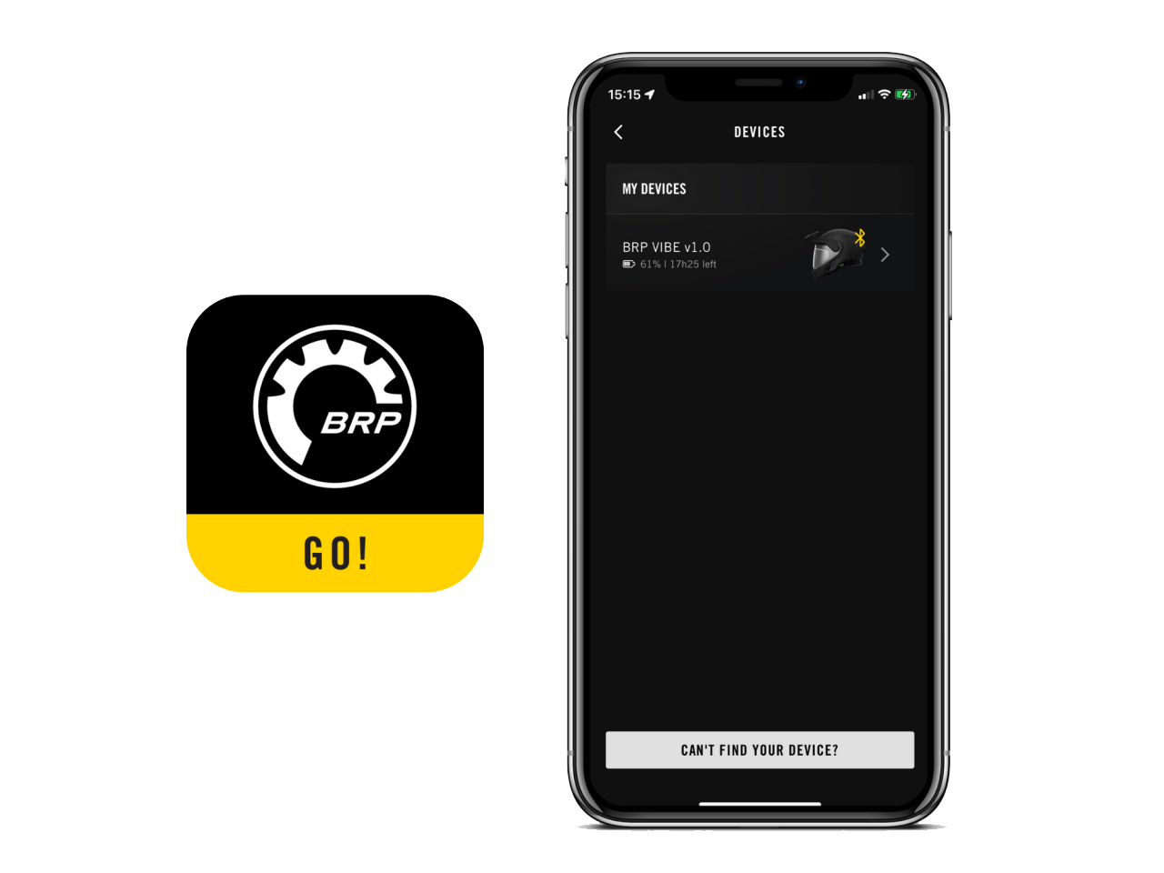 Aplikácia BRP GO!ukazuje na obrazovke zariadenia Vibe communication system