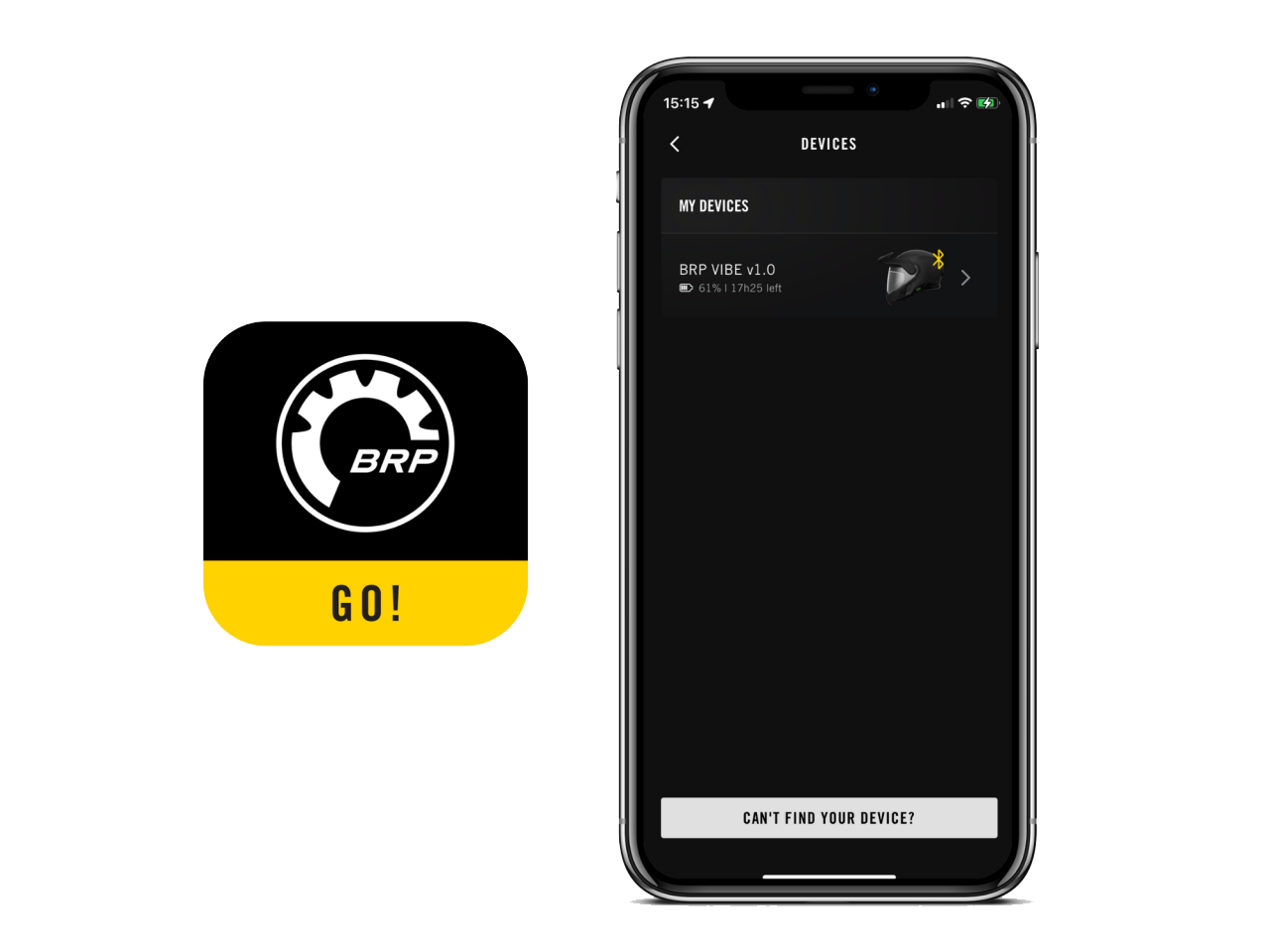 The BRP GO! app showing the Devices screen for Vibe communication system