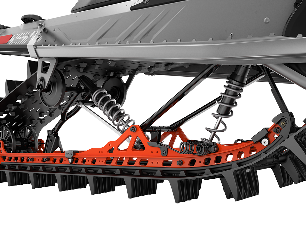 Close-up of the tMotion X rear suspension of the 2026 Ski-Doo Summit X snowmobile.