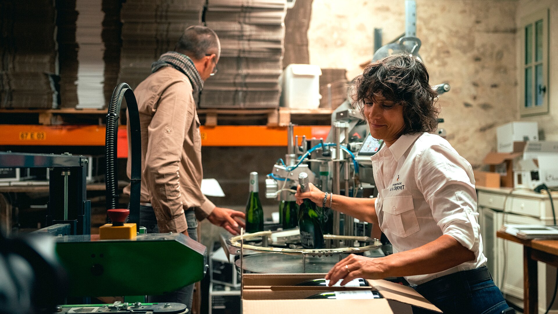 Gaëlle and Xavier preparing a new batch of champagne at their vineyard