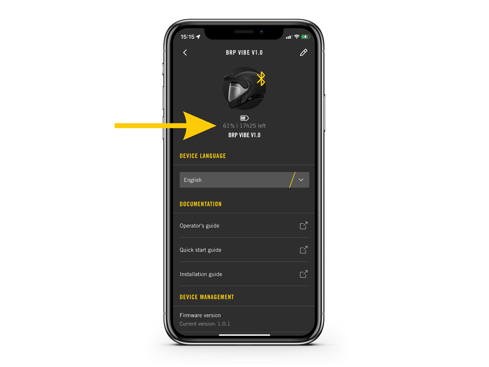 The BRP GO! app showing the Vibe device screen for battery level