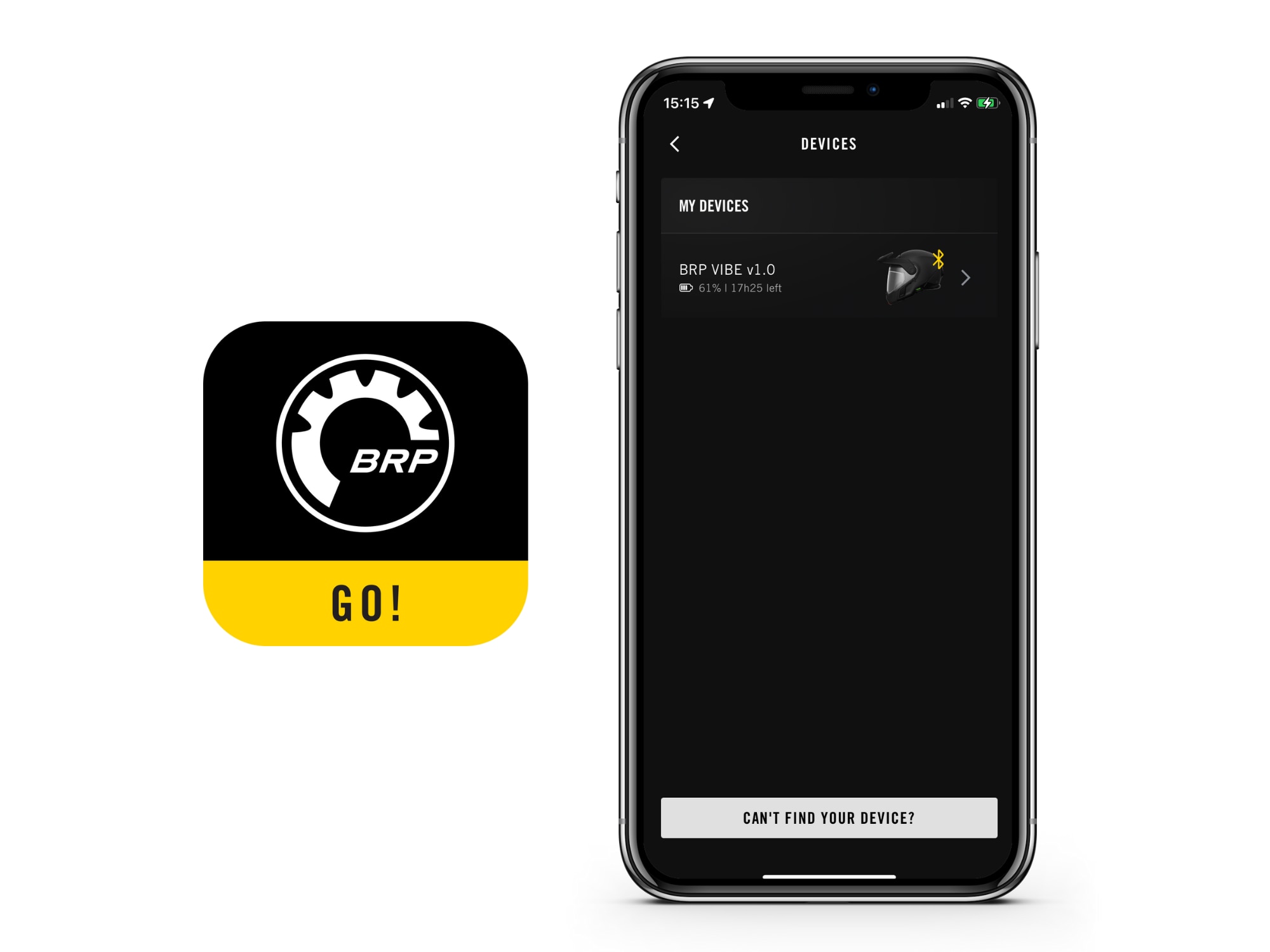 The BRP GO! app showing the Devices screen for Vibe communication system