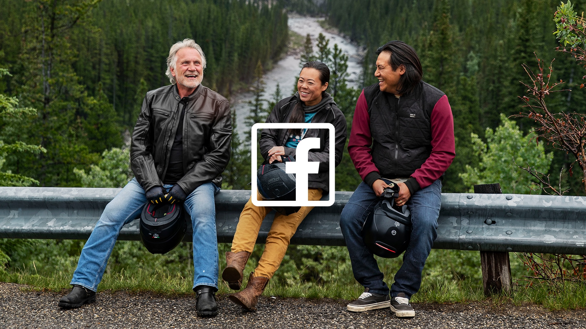 Three people laughing and talking with a Facebook logo over the image