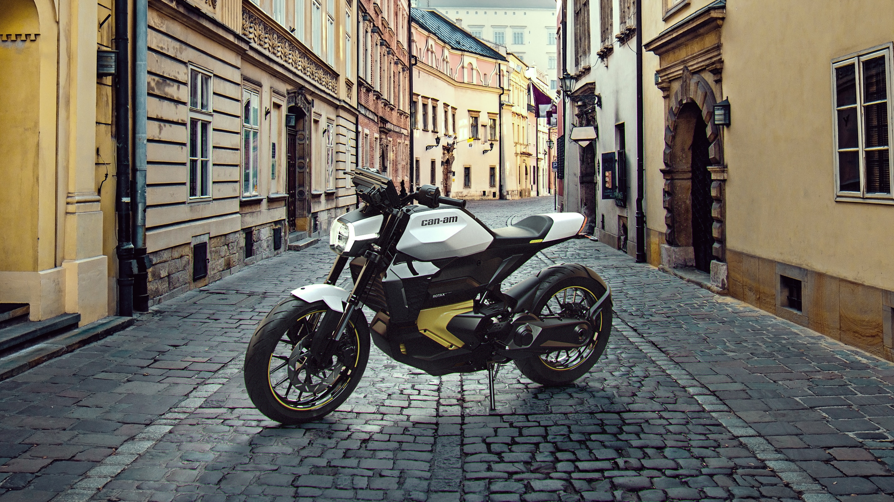 Can-Am Pulse, Electric Motorcycle posing with a city background