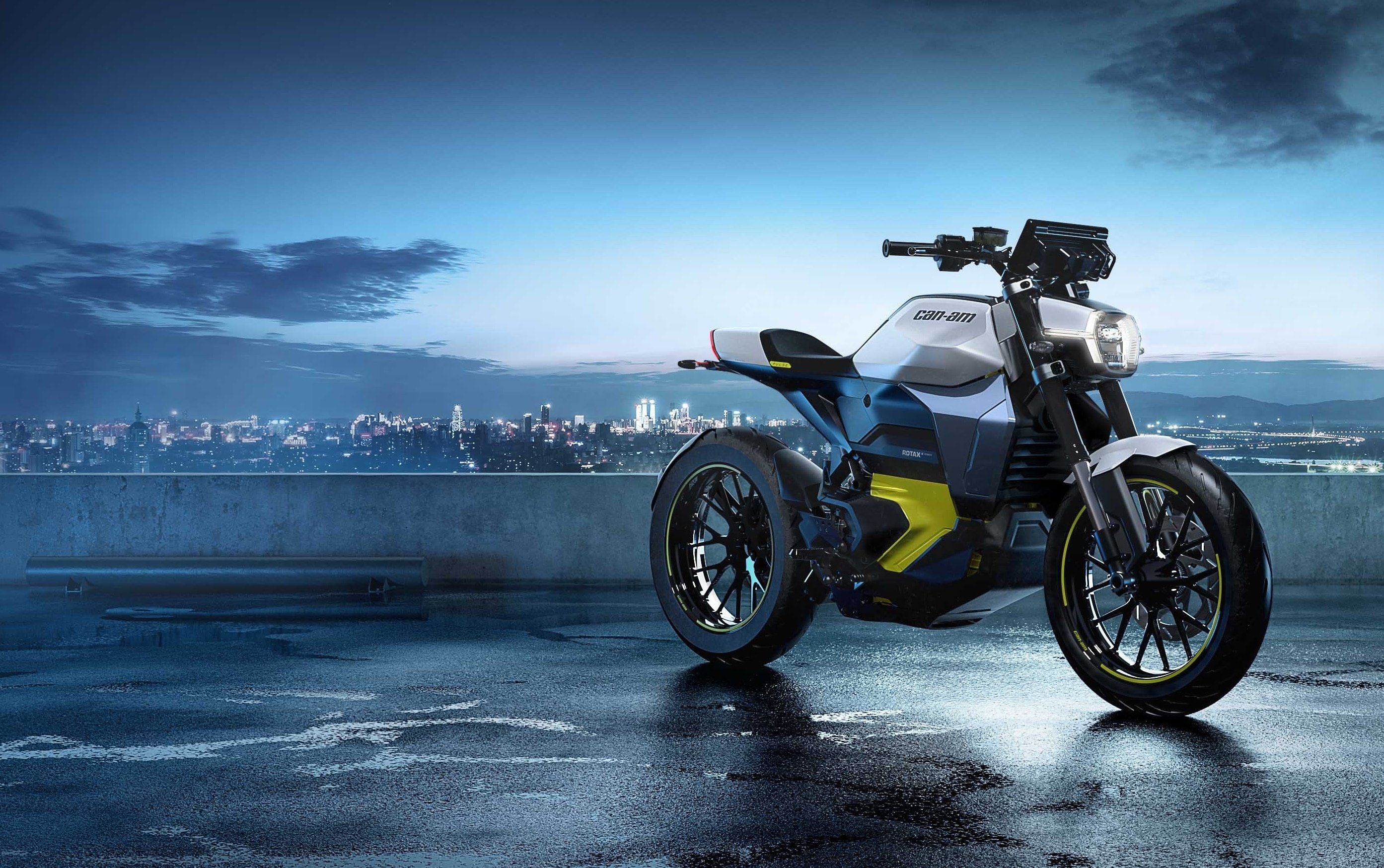 Can-Am Pulse, Electric Motorcycle posing with a city background