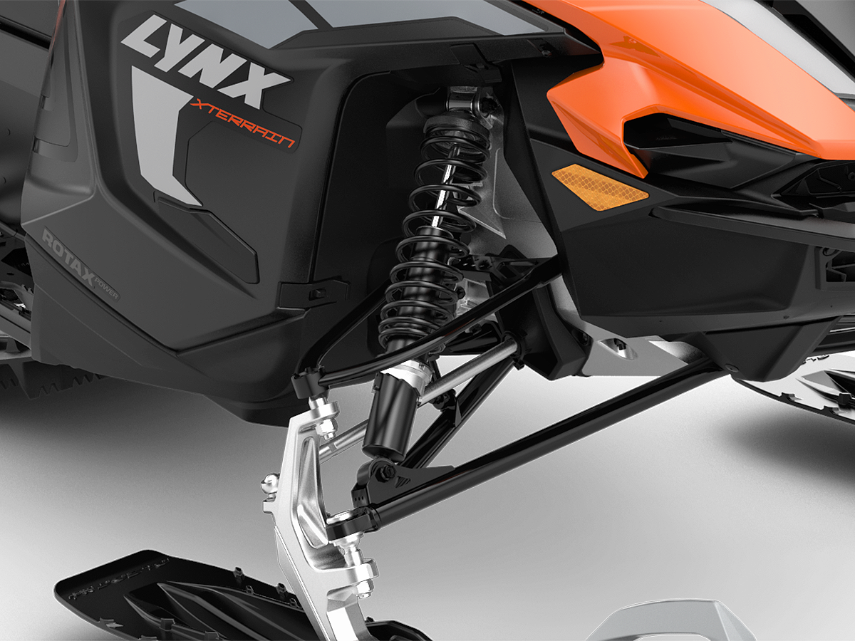 Closeup of LFS front suspension on Lynx Xterrain snowmobile