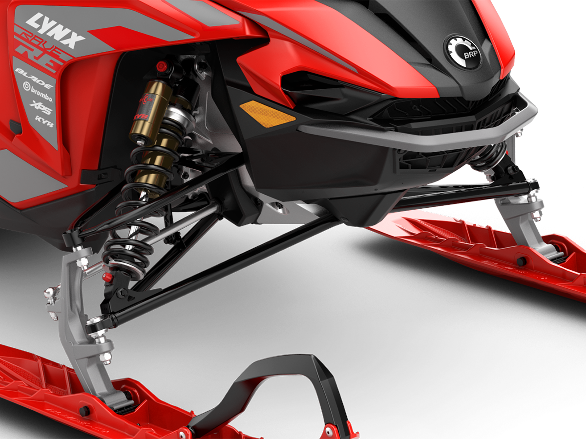 Closeup of LFS+ front suspension on Lynx Rave RE snowmobile
