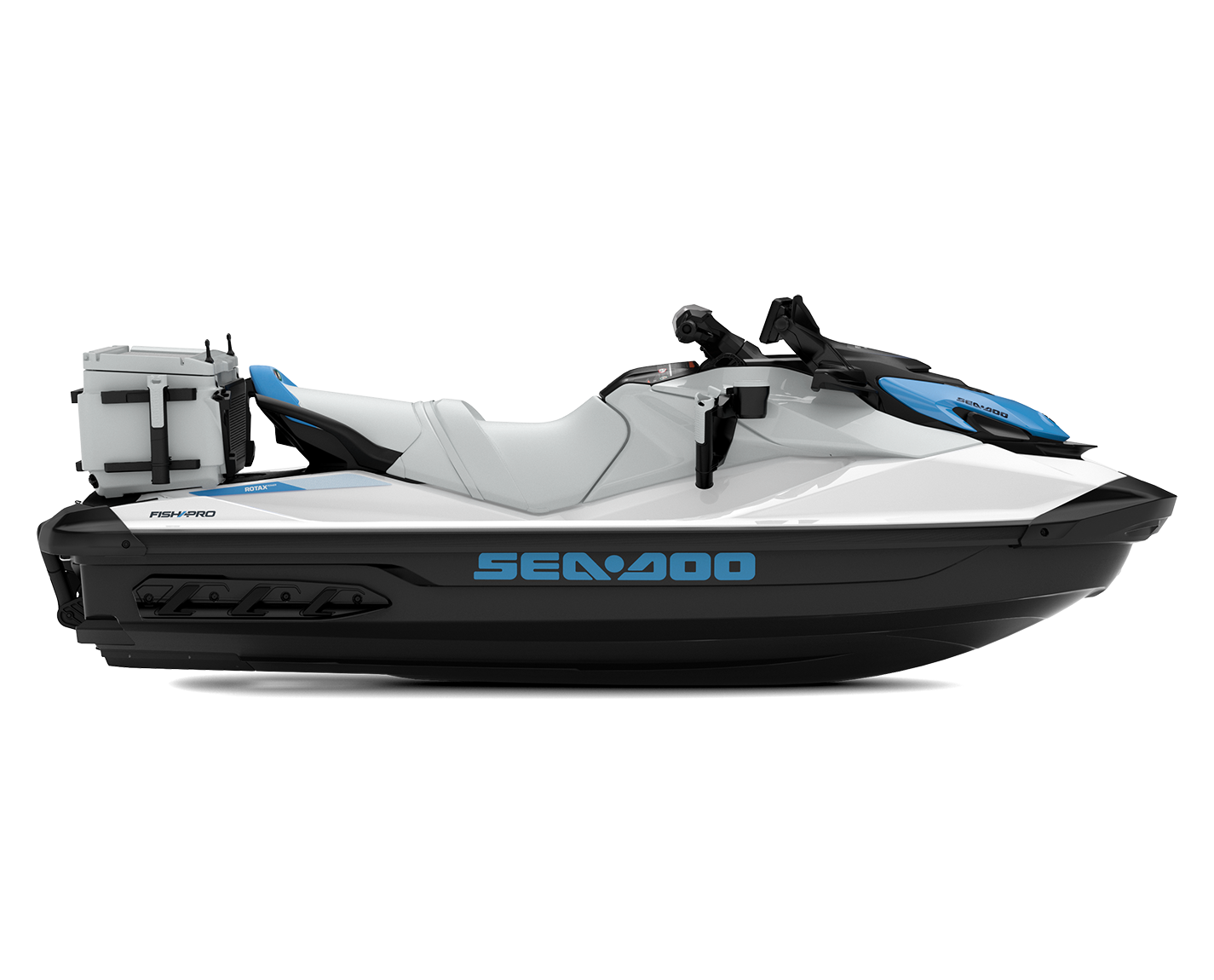 Sea-Doo FishPro Scout 130 without sound system MY23 - White / Gulfstream Blue - Side view