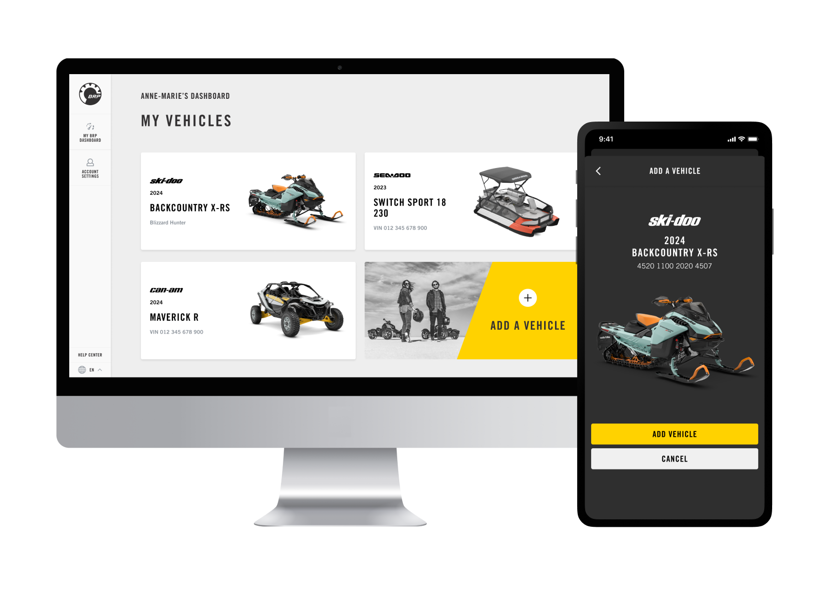 Desktop and mobile view of the MyBRP hub to manage your BRP vehicles