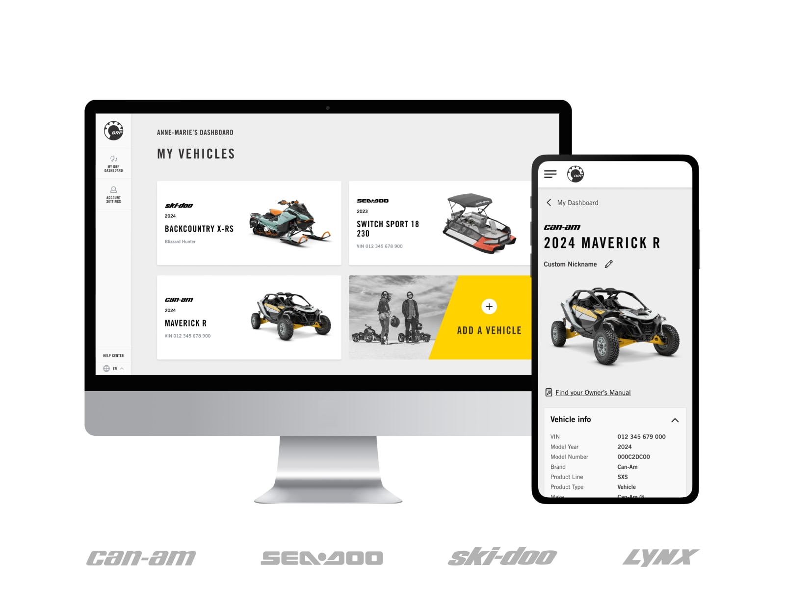 Desktop and mobile view of the MyBRP hub to manage your BRP vehicles